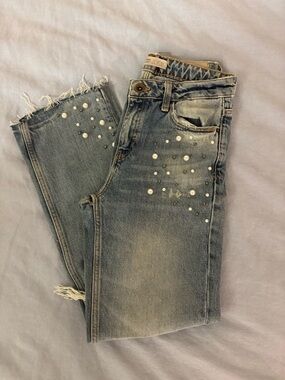 Zara Light Blue Pearl-Embellished Cropped Jeans